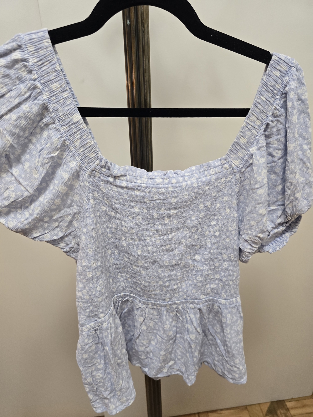 Hippie Rose Light Blue Smocked Floral Peasant Top